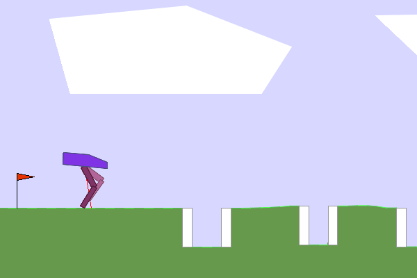 Animated BipedalWalker agent traversing repeated pit obstacles in a Hardcore terrain