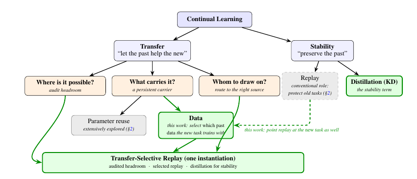Framework from Rethinking Transfer in Continual Learning, organizing transfer around headroom, a persistent carrier, and source selection